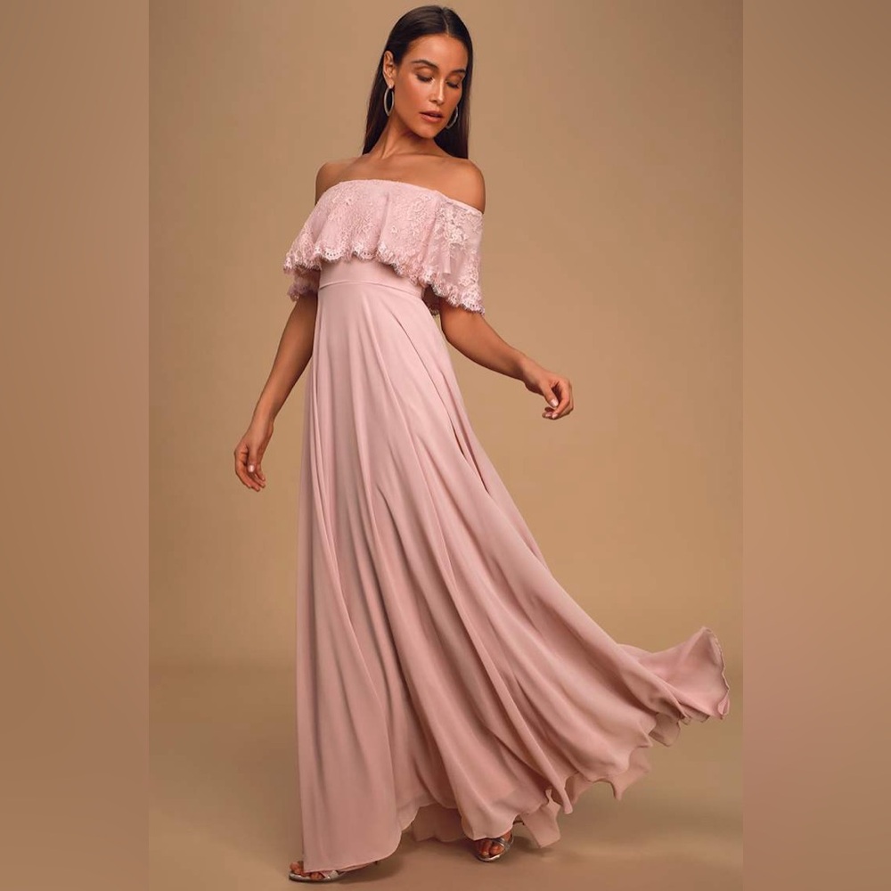 Lulus Maxi Dress Womens XS Blush Pink Lace Off Shoulder Romantic Fairycore‎ Gown